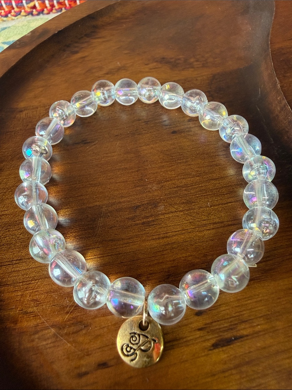Iridescent Clear Glass Beaded Stretch Bracelet with Gold Charm